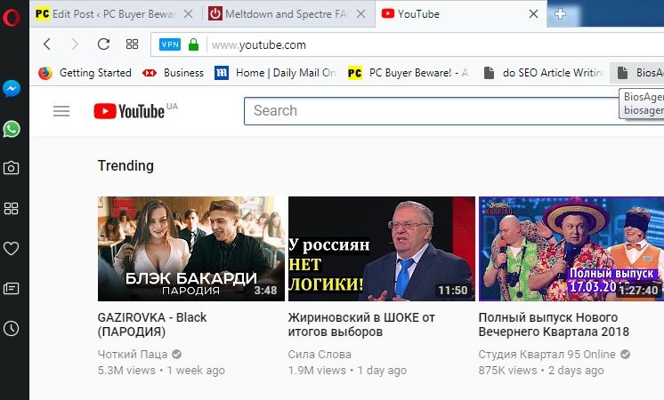 When the Opera VPN is enabled Google's YouTube shows Russian material
